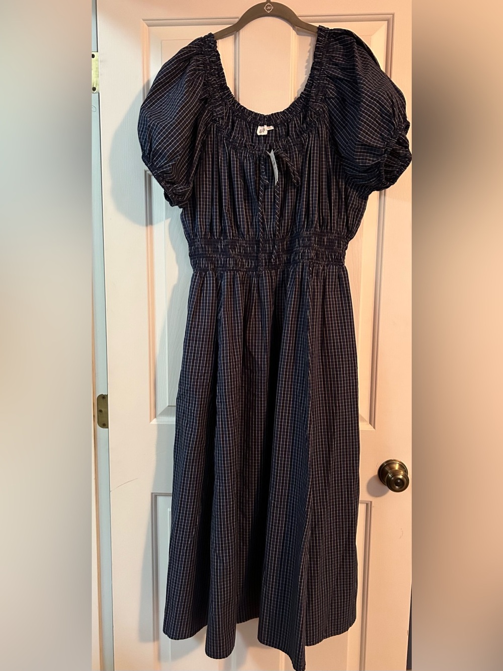 NWT GAP Navy Checked Puff-Sleeve Smocked Waist Dress XXL